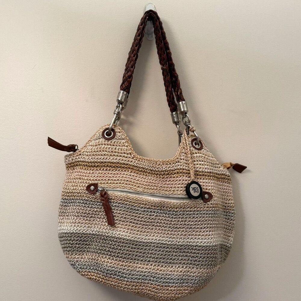 The Sak Indio Crochet Hobo Bag Sand Stripe Neutral Boho Shoulder Purse